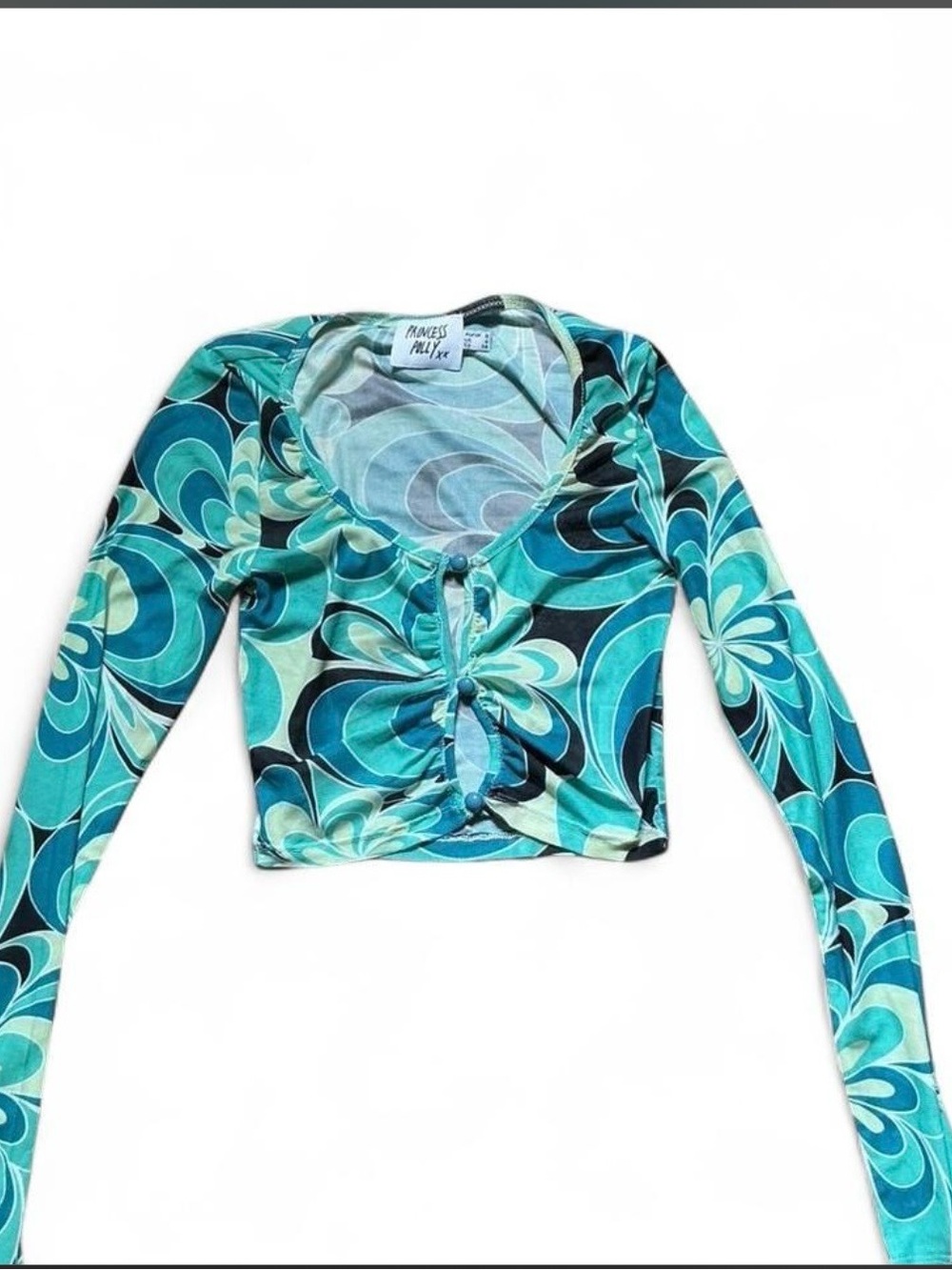 Francesca's Collections Teal & Aqua Swirl Tie-Front Crop Top